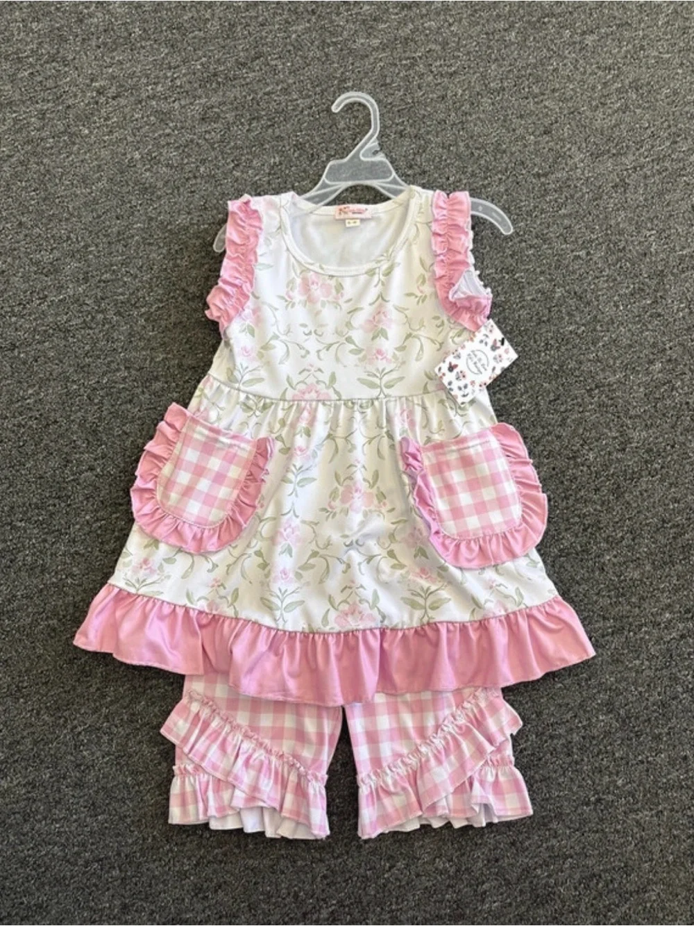 Girls 5-6 Pink Floral & Gingham Matching Set - Ruffled TunicShorts Boutique